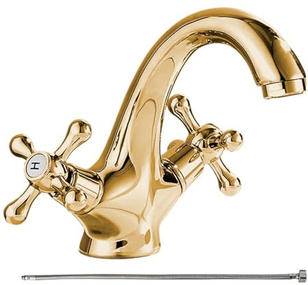 Wezalget De Baño | Grifo De Latón Antiguo Para Cocina Con Doble Mandos - Mezclador De Dos Mandos Con Manguera De 60cm Para Lavabo, Tocador Y Lavandería