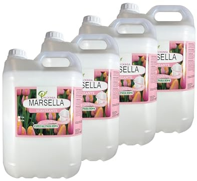 Suavizante de Ropa Líquido Marsella 5L – Pack 4 Garrafas | Suavizante Concentrado Perfumado Multiusos para Hogar, Lavanderías, Hoteles y Hostelería – Fragancia Duradera con Formato Ahorro.