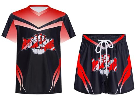 Oyolan Barn pojke boxningsshorts och T-shirt boxningsset Muay Thai MMA kickboxning 5–16 år, B röd, 11-12 år