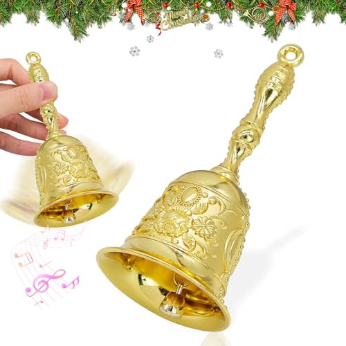shallyong Campana de Navidad, Campana de Mano de Metal Pequeño, Campanilla Vintage de Latón para Restaurante, Decoración Navideña, Servicio, Bodas, Adiestramiento de Mascotas (Oro)