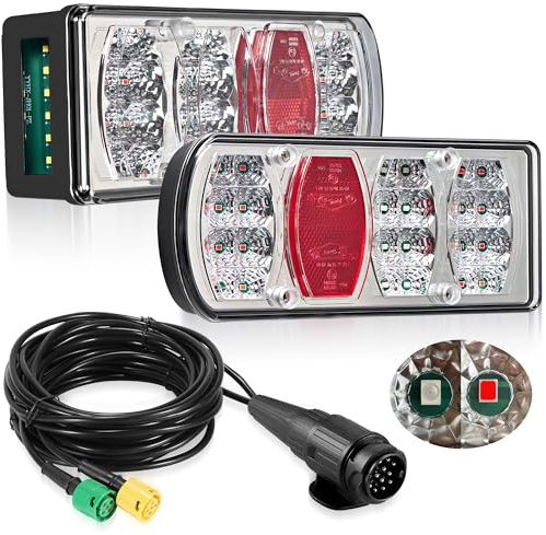 DARKGUARD Kit Éclairage Remorque 13 Broches 12V 24V LED Feux Arrière de Remorque avec Câbles de 5,5M Plug & Play Connecteur Baïonnette 7 Functions avec Feu de Recul Antibrouillard Approuvé IP65 E57