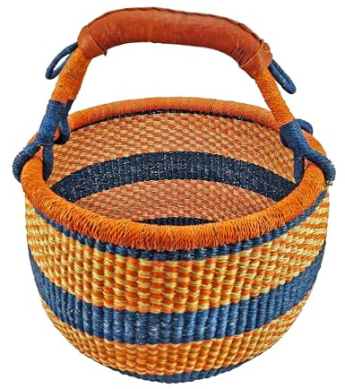 Cesto Rotondo Bolga Grande circa Ø 40 x 40 cm – Artigianale dal Ghana – Fair Trade – Cesto per la spesa con manico in pelle – Arancia-Blu