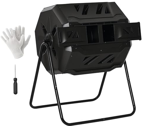 Gecheer Compostiera da Giardino, Composter Domestico 160L 2 Scomparti Girevole, 8 Prese Aria, Acciaio e PP, 71x65x96 cm, Nero, per Riciclaggio Rifiuti Organici