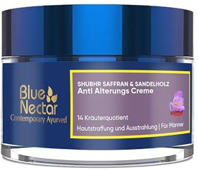Blue Nectar Men Face Cream, Natural Skin Brightening Cream, Anti Aging Face Cream for Men with Sandalwood, Saffron and Almond Oil (14 Herbs, 50g)