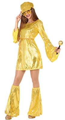 Atosa | Disfraz Disco Dorado Mujer Años 70 | Incluye Vestido y Patas de Elefante con Lentejuelas | Inspirado en ABBA y Estilo Retro Disco | Perfecto para Carnaval y Fiestas Temáticas | Adulto | XS-S