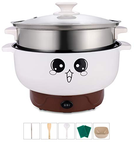 4-IN-1 Multifunction Electric Cooker Skillet Grill Pot Wok Electric Hot Pot for Noodles Cook Rice Fried Stew Soup Steamed Fish Boiled Egg Small Non-stick (2.3L, with Lid and Steamer)