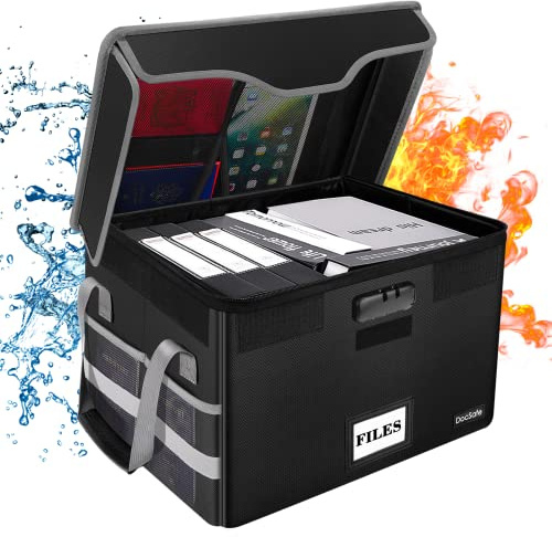 Fireproof Document Box File Storage Box Document Organiser with Lid Collapsible Filing Cabinet Box with Lock for Home Office Keeping Important Working paper Certificate Contracts Bills Souvenirs Books