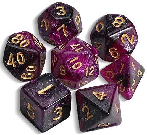 QMAY DND Dice Polyedrisches Würfel Set - 7 Stück für Dungeon und Dragons MTG RPG D&D D20, D12, D10, D%, D8, D6, D4 (Lila gemischtes Schwarzes + Glitter)
