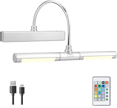 BIGMONAT Bilderleuchte Batteriebetriebene 28 LEDs Wandleuchte Wiederaufladbar mit Fernbedienung,13 Zoll Drehbare Leuchtenköpfe mit 12 Farbwechseln Dimmbares Licht anzeigen mit Timer für Malen,Silber