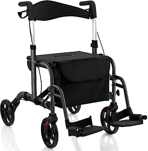 RELAX4LIFE Andador plegable ligero, 2 en 1 para silla de ruedas, andador de viaje, carrito de 6 alturas, con 2 frenos, soporte para bastones, bolsa, aleación de aluminio de hasta 136 kg (negro)