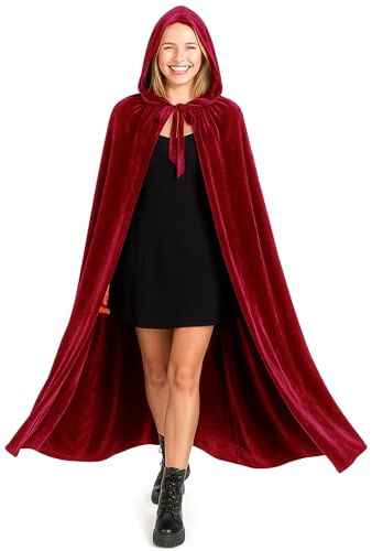various Cape Halloween Adulte à Capuche, Cape Vampire en Velours Rouge Foncé pour Homme et Femme, Costume Médiéval Gothique pour Carnaval, Cosplay et Fête à Thème170cm