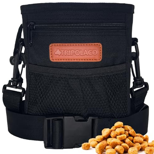 TRIPOLACO Leckerlitasche für Hunde - Großer Leckerlibeutel für Hunde mit Mehreren Taschen, Kotbeutelspender & Handyfach, 3 Tragevarianten - Idealer Futterbeutel Hundetraining & Spaziergänge, Schwarz