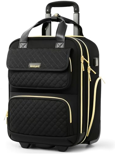 Arcoyard Underseat Carry On Luggage with Wheels, Airline Approved Personal Item Luggage, 16-Inch Multi-functional Underseat Luggage, Lightweight Overnight Suitcase for Women, Bussiness, Travel, Black