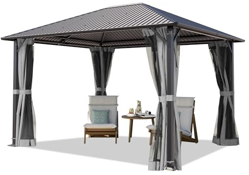 TOOLPORT Cenador de Jardin 3x3,65 m con Techo de Acero - Hardtop Pabellón con 4 Cortinas y mosquiteras en Gris