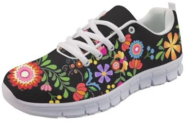 Forchrinse Mexico Sneakers for Women Walking Shoes Embroidered Flower Slip on Running Shoes for Cinco de Mayo Breathable Mesh Lace up Athletic Shoe Traditional Fiesta Footwear