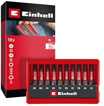 Original Einhell Impact bit set 10-delar (50 mm bitar PH/PZ/T/H, S2 stål, E 6,3 skaft, fickkassett med installationsfunktion)