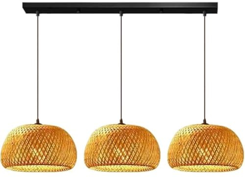 TMKOO Bambus Pendelleuchte 3-Flammig Vintage Boho Rattan Deckenleuchte Mit Geflochtenem Schirm Verstellbare Hängende Kronleuchter Für Esstisch Schlafzimmer Wohnzimmer Küche Diele E27(B)