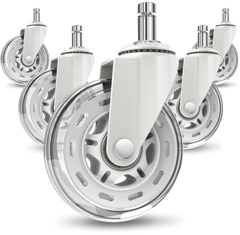 COSYLAND 5pcs Ruedas Silla Oficina - 11 mm x 22 mm - Deslizan Suavidad y Silencio - No Rayan el Suelo - No Acumula Suciedad - Blanco Transparente