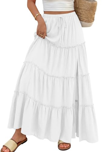Trendy Queen Maxi Boho Skirt Long Skirts for Women Slit Summer Vacation Outfits A-Line Dress with Pockets Fashion Clothing White S