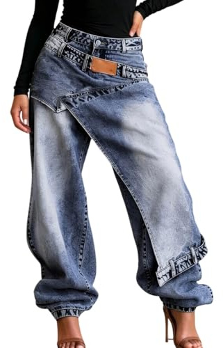 Y2k Baggy Jeans da donna a forma di barile, largo, a vita alta, elasticizzati, in denim a coste, stile retrò, boyfriend, reversibili, a forma di banana, con gamba larga, O blu., M