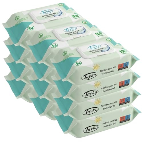 Tayko Papel Higiénico Húmedo Aloe Vera, 1200 toallitas con Tapa Rígida, Desechables para WC y Biodegradables, Dermatológicamente testeadas, con extracto camomila (12 paquetes de 100)