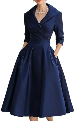 3/4-ärm elegant klänning för kvinnor A-linje wrap satin formella midi-klänningar