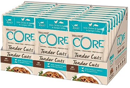 Wellness CORE Tender Cuts 24 x 85g, Poulet & Saumon – Nourriture Humide | Tendre Morceaux Pour Chats Adultes, Sans Céréales, Naturelles, Hypoallergénique, Riche en protéines, À Haute Teneur en Viande