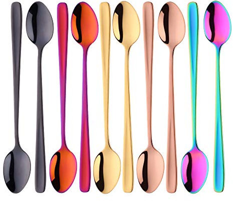 Bisda Cucchiaini da caffè Lunghi Acciaio Inossidabile Cucchiaio Latte Macchiato Colorato Cucchiaino Gelato, 10 Pezzi Manico Lungo Cucchiaio per Cioccolata Calda Bevanda Calda, Lavastoviglie Sicuro