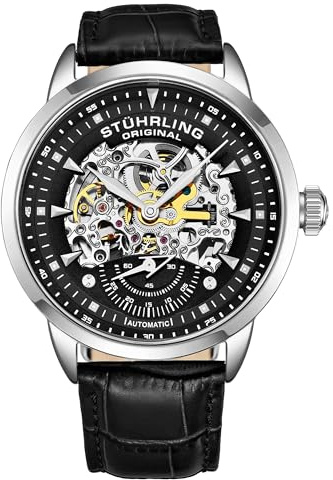 Stuhrling Original Mens Watch-Automatic Skeleton Dial - Black Leather Watch Strap Mechanical Watch Silver Executive (Black)