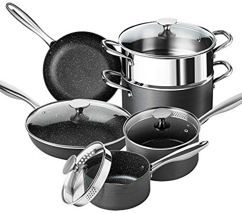 MICHELANGELO Kochtopf Set 10-teilig mit Deckel und Induktionsgeeignet, Topf und Pfannenset Induktion, harteloxierte Töpfe und Pfannen mit Siebdeckel und Dampfgarer