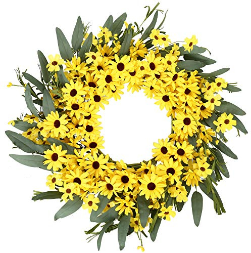 JINGHONG Yellow Spring Wreath 22 Inch Summer Wreath with Sunflower and Daisy Flower Wreaths for Front Door Window Wall Decoration and Indoor Outdoor Decor