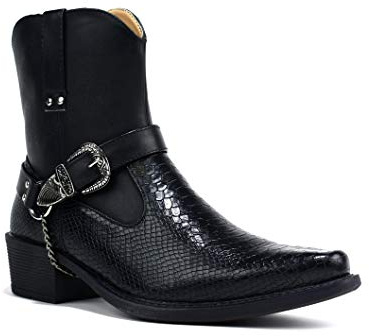 BARTIUM Men’s Cuban Heel Cowboy Boots – Smart Chain Buckle Ankle Boots with Synthetic Outer, Inner & Sole – Stylish Western, Chelsea & Motorcycle Riding Boots for Men – [Black, UK 9]