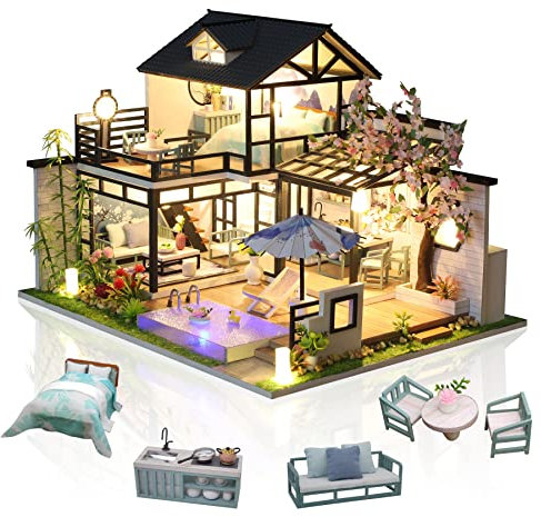 Cuteefun DIY Puppenhaus Miniatur Haus zum Selber Bauen für Erwachsene, Miniatur Puppenhaus Kit mit Möbelmusik und Werkzeug, Bastelset Häuschen Holz (Poetischer Innenhof)