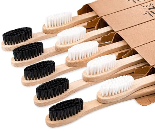 Bambus-Zahnbürsten, mittlere Borsten, für Erwachsene, Familienreise-Zahnbürsten-Set, 10 Stück, natürliche Bio-Holzzahnbürste, biologisch abbaubar, Zahnbürste, Schwarz/Weiß, 10 Stück