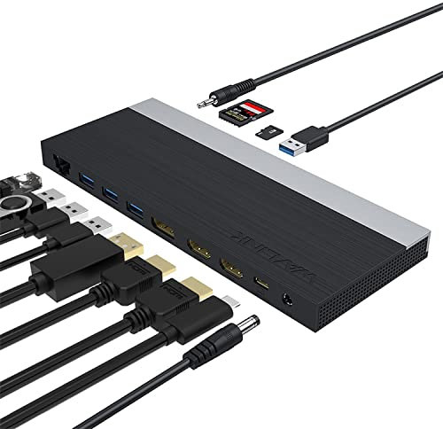 WAVLINK USB-C-Dockingstation mit dreifachem Display und 100-W-Aufladung für Laptop, unterstützt MacOS und Windows (2 HDMI, 1 Displayport, 4 USB 3,0-Anschlüsse, SD/TF-Kartenleser, Gigabit-Ethernet)