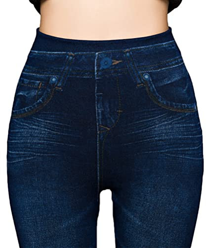 Onsoyours Damen Leggings Jeans-Look High Waist Jeggings Stretch Hose Bedruckte Yogahose Kompressions Fitnesshose für Gym Laufen Fitness A Dunkelblau M