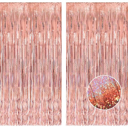 Rose Gold Foil Fringe Curtain Girls Party Backdrop Decorations - BRAVESHINE 2PCS 3.2x8.2ft Tinsel Curtains Glitter Photo Booth Props for Birthday Hen Do Wedding Bridal Shower Valentines Wall Streamers