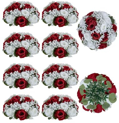 BLOSMON Fake Flowers Ball Wedding Centerpieces 10 Pcs Crimson Rose Babys Breath Artificial Flowers Center Pieces Decoration for Table Silk Kissing Floral Bouquet Arrangements for Home Party DIY Decor