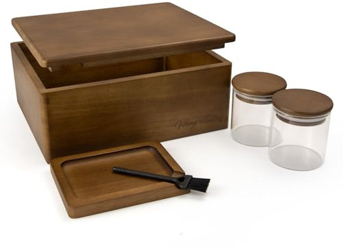 Viking Factory Bamboo Spice Rack Organiser with 2 Airtight Containers, Grinder & Brush - Countertop Storage for Kitchen, Utensils, Tea Bags