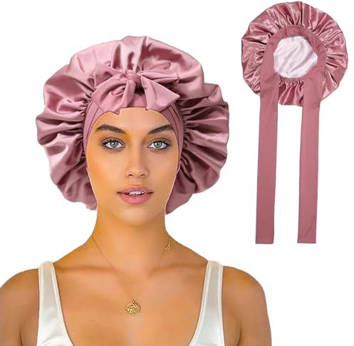 Schlafhaube Haare Schützen - Seidenhaube Zum Schlafen, Silk Bonnet, Satin Haarhaube, Bonnet Sleep Cap für Die Nacht für Damen (Rosa)