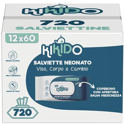 Kikido Toallitas Bebé Húmedas - 720 Unidades, 12 Paquetes de 60 Toallitas para Recién Nacidos - Con Tapa Dura de Plástico para Conservar la Frescura - Fórmula Suave para Pieles Sensibles