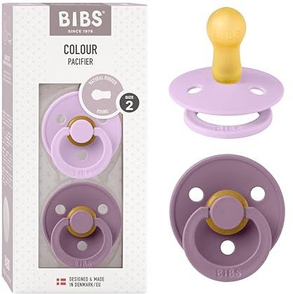 BIBS Colour Ciuccio confezione da 2 pezzi. Privo di BPA, Tettarella tonda. Lattice di gomma naturale, Prodotto in Danimarca, Taglia 2 (6-18 mesi), Violet Sky/Mauve