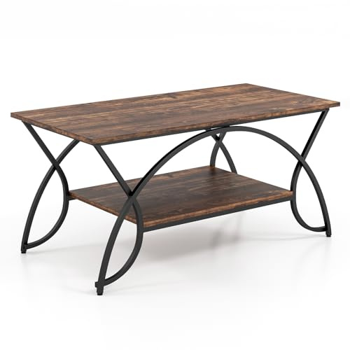 COSTWAY 2-Tier Coffee Table, Marble Effect/Vintage Cocktail Center Table with Storage Shelf, Metal Frame Wooden Accent Sofa Side Tea Table for Living Room, Bedroom and Office (Rustic Brown+Black)
