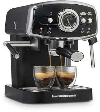 Hamilton Beach Slide & Lock Espresso Machine With Milk Frother Steam Wand For Cappuccino & Latte, 15 Bar Pump and Two Spouts, Removable Reservoir, Compact, Retro Design, Black (40730)