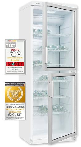 Exquisit Getränkekühlschrank GKS350-2-GT-280D weiss | Flaschenkühlschrank 320 L Volumen | Getränkekühlschrank mit Glastür | LED | Gitterablagen