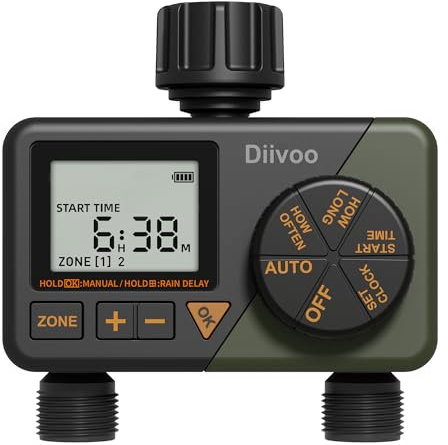 Diivoo Timer Irrigazione 2 Vie, Centralina Irrigazione per Irrigazione Automatica, Facile Programmatore Irrigazione con Ritardo Pioggia e Irrigazione Manuale per Prati e Giardini