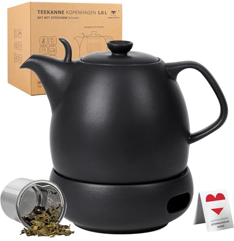 Urban Lifestyle Teekanne mit Stövchen 1,6 L Porzellan Teekanne Schwarz Matt mit Siebeinsatz aus Edelstahl für losen Tee Teekanne mit Stövchen und Tea Pot Kopenhagen