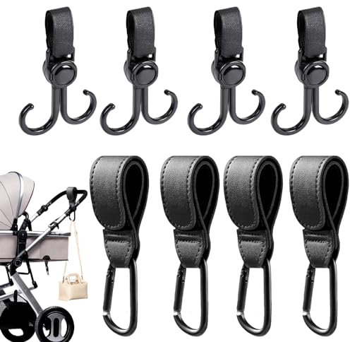 8 Stück Klettverschluss Kinderwagen Haken Set für Wickeltaschen,Leder Taschenhaken für Rucksäcken, Geldbörsen usw,Universelle Kinderwagen Zubehör für Aufhängen Von Taschen Und Einkaufen(Schwarz)