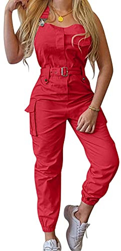 Peto elástico para mujer, color sólido, con bolsillos y cinturón ajustable, pantalones de trabajo largos con bolsillos y tirantes finos ajustables, rojo, XL