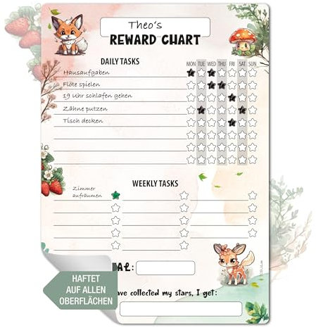 TOBJA A4 Belohnungstafel Kinder ab 3 - Wiederverwendbar & Ablösbar, Selbstklebend - Motivation - Whiteboard Marker kompatibel - Aufgabenplaner Kinder Belohnungssystem, Sternchenplan (Waldtiere)